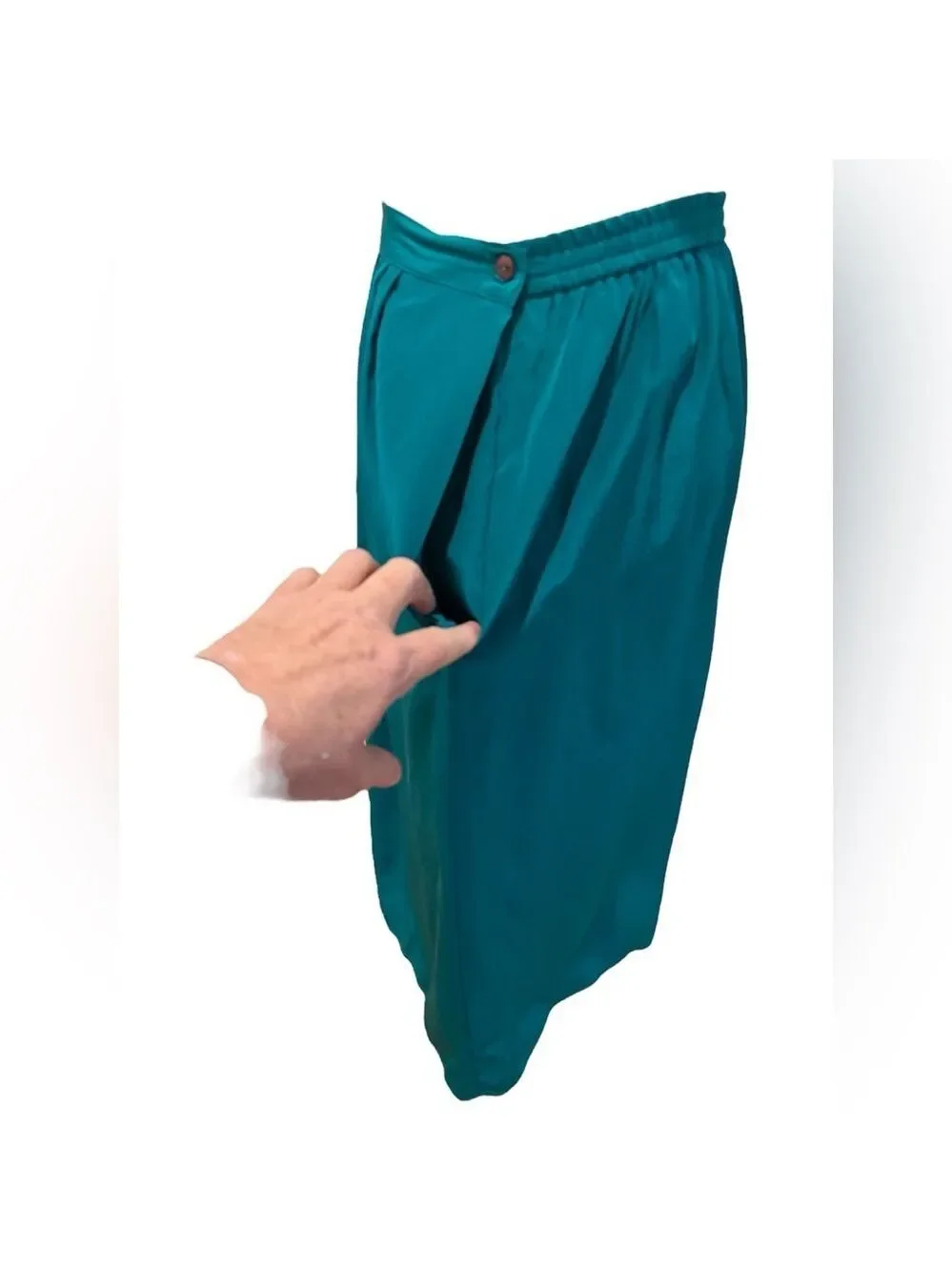 80s SILK TEAL GREEN GATHERED MIDI SKIRT W CONCEALED POCKET QUIET LUXURY SZ 6
